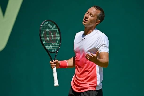 Philipp Kohlschreiber of Germany reacts in his match against Jurij Rodionov of Austria during day 4 of the Noventi Open at OWL-Arena on June 15, 2021...