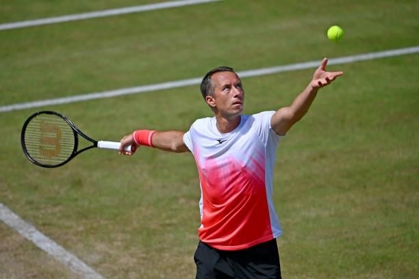 Philipp Kohlschreiber of Germany serves in his match against Jurij Rodionov of Austria during day 4 of the Noventi Open at OWL-Arena on June 15, 2021...
