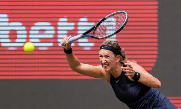 Victoria Azarenka of Belarus plays a forehand against Andrea Petkovic of Germany in the women's singles match during day 4 of the bett1open at LTTC...