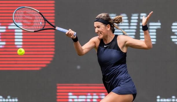 Victoria Azarenka of Belarus plays a forehand against Andrea Petkovic of Germany in the women's singles match during day 4 of the bett1open at LTTC...