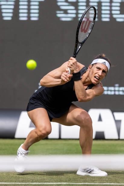 Andrea Petkovic of Germany hits a backhand against Victoria Azarenka of Belarus in the women's singles match during day 4 of the bett1open at LTTC...