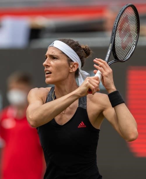 Andrea Petkovic of Germany in action against Victoria Azarenka of Belarus in the women's singles match during day 4 of the bett1open at LTTC Rot-Weiß...
