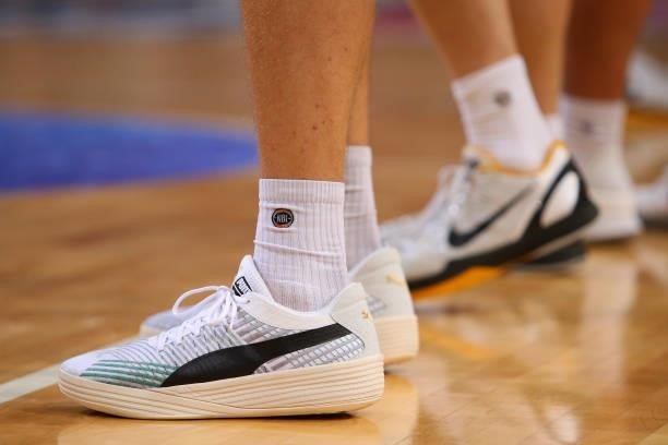The shoes of Yanni Wetzall of the Phoenix are seen during game three of the NBL Semi-Final Series between Melbourne United and the South East...
