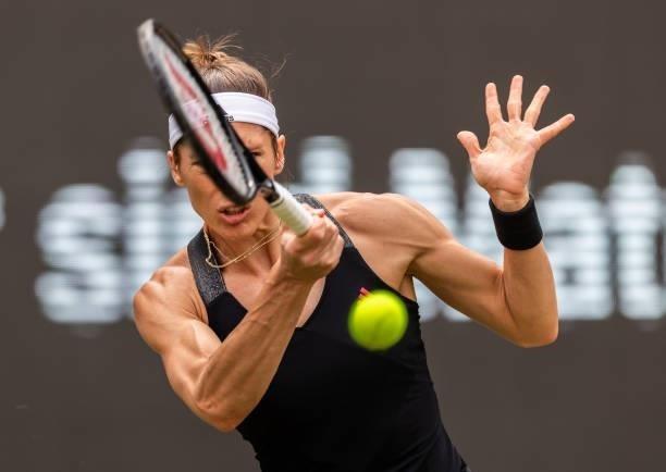 Andrea Petkovic of Germany plays a forehand against Victoria Azarenka of Belarus in the women's singles match during day 4 of the bett1open at LTTC...
