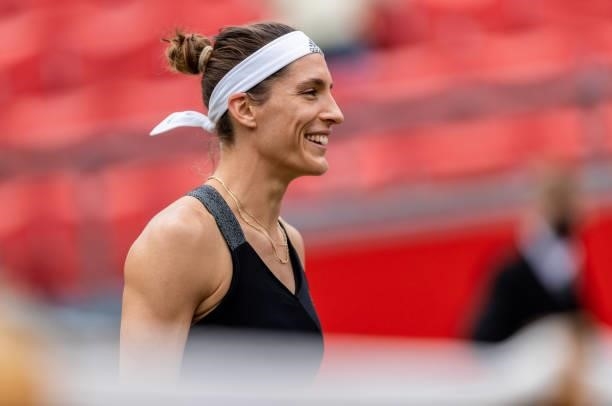 Andrea Petkovic of Germany smiles prior to the women's singles match against Victoria Azarenka of Belarus during day 4 of the bett1open at LTTC...