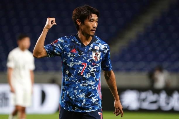 Hidemasa Morita of Japan gestures during the FIFA World Cup Asian Qualifier second round Group F match between Japan and Kyrgyz at Panasonic Stadium...