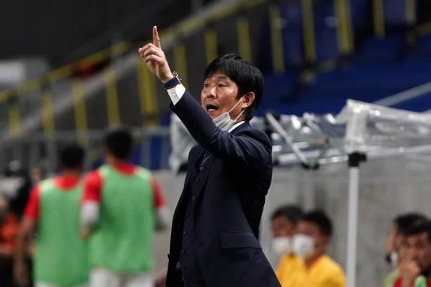Head coach Hajime Moriyasu of Japan gives instruction during the FIFA World Cup Asian Qualifier second round Group F match between Japan and Kyrgyz...