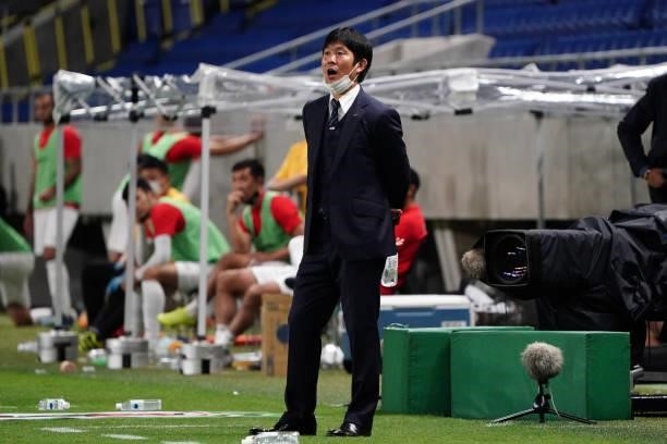 Head coach Hajime Moriyasu of Japan gives instruction during the FIFA World Cup Asian Qualifier second round Group F match between Japan and Kyrgyz...