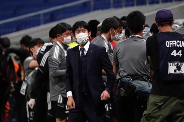 Head coach Hajime Moriyasu of Japan reacts after his side's 5-1 victory in the FIFA World Cup Asian Qualifier second round Group F match between...
