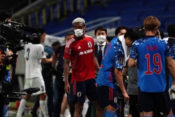 Ado Onaiwu of Japan is seen after his side's 5-1 victory in the FIFA World Cup Asian Qualifier second round Group F match between Japan and Kyrgyz at...