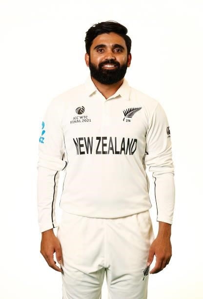 Ajaz Patel of India poses during the ICC World Test Championship Final New Zealand Portrait session at The Ageas Bowl on June 15, 2021 in...