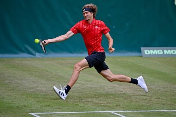 Alexander Zverev of Germany plays a forehand in his match against Dominik Koepfer of Germany during day 4 of the Noventi Open at OWL-Arena on June...