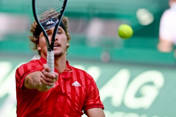 Alexander Zverev of Germany plays a forehand in his match against Dominik Koepfer of Germany during day 4 of the Noventi Open at OWL-Arena on June...