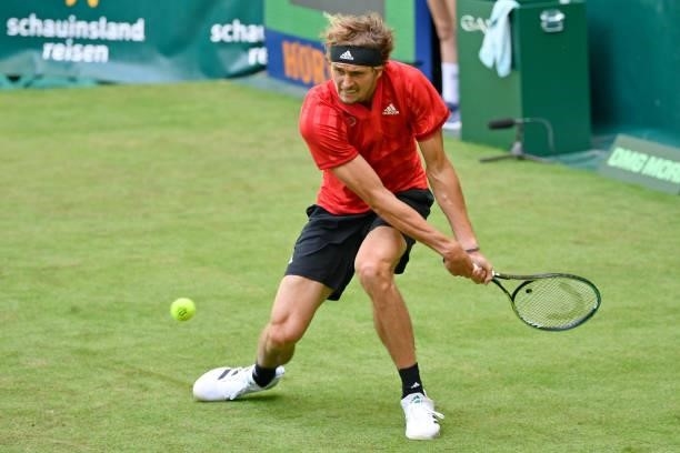 Alexander Zverev of Germany plays a backhand in his match against Dominik Koepfer of Germany during day 4 of the Noventi Open at OWL-Arena on June...