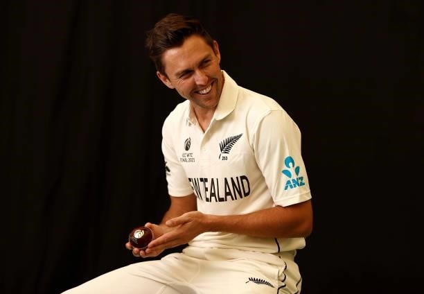 Trent Boult of New Zealand poses during the ICC World Test Championship Final New Zealand Portrait session at The Ageas Bowl on June 15, 2021 in...