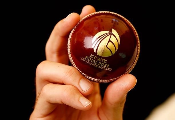 The match ball is seen during the ICC World Test Championship Final New Zealand Portrait session at The Ageas Bowl on June 15, 2021 in Southampton,...