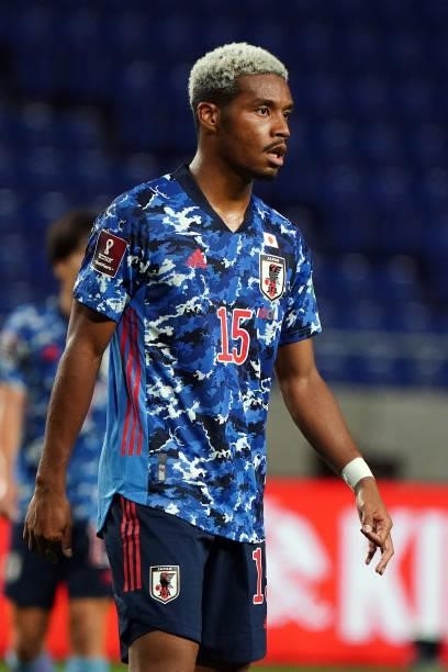 Ado Onaiwu of Japan looks on the FIFA World Cup Asian Qualifier 2nd round Group F match between Japan and Kyrgyz at Panasonic Stadium Suita on June...