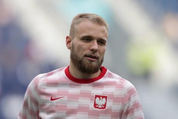 Tymoteusz Puchacz of Poland warm up before during the UEFA Euro 2020 Championship Group E match between Poland and Slovakia on June 14, 2021 in Saint...