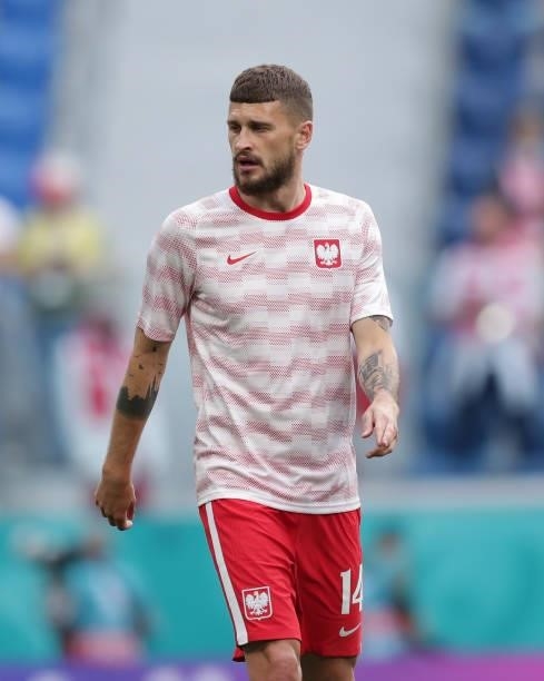 Mateusz Klich of Poland warms up before the UEFA Euro 2020 Championship Group E match between Poland and Slovakia on June 14, 2021 in Saint...