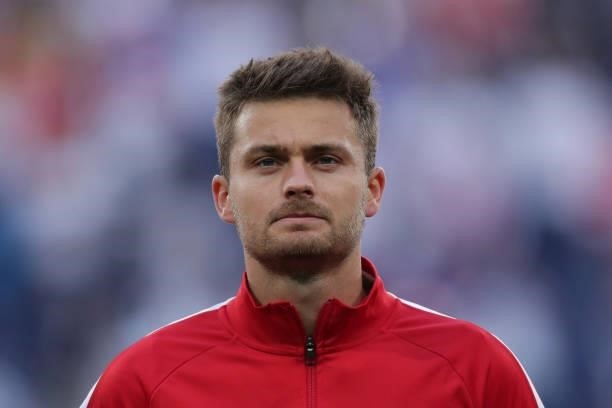 Karol Linetty of Poland prior to start the UEFA Euro 2020 Championship Group E match between Poland and Slovakia on June 14, 2021 in Saint...