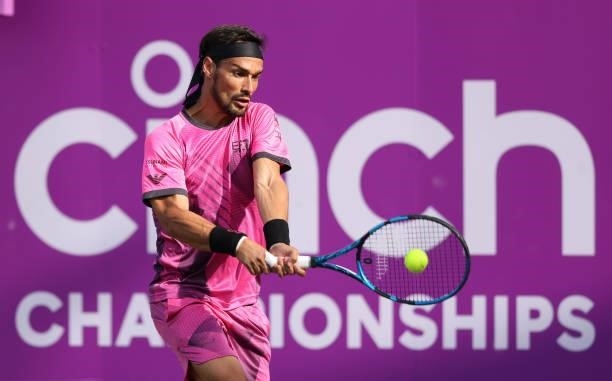 Fabio Fognini of Italy plays a backhand during his First Round match against Yen-Hsun Lu of Taiwan during Day 2 of the cinch Championships at The...