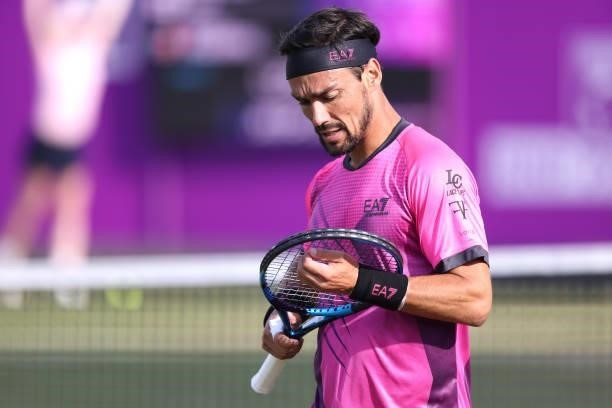Fabio Fognini of Italy looks on during his First Round match against Yen-Hsun Lu of Taiwan during Day 2 of the cinch Championships at The Queen's...