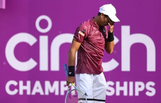 Yen-Hsun Lu of Taiwan reacts during his First Round match against Fabio Fognini of Italy during Day 2 of the cinch Championships at The Queen's Club...