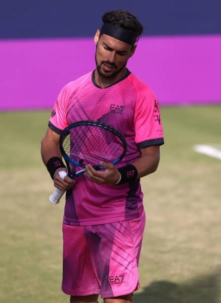Fabio Fognini of Italy reacts during his First Round match against Yen-Hsun Lu of Taiwan during Day 2 of the cinch Championships at The Queen's Club...