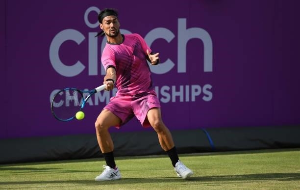 Fabio Fognini of Italy plays a forehand during his First Round match against Yen-Hsun Lu of Taiwan during Day 2 of the cinch Championships at The...