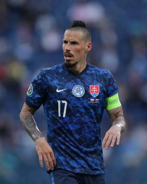 Marek Hamsik of Slovakia in action during the UEFA Euro 2020 Championship Group E match between Poland and Slovakia on June 14, 2021 in Saint...