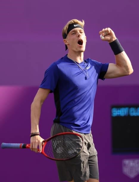 Denis Shapovalov of Canada celebrates set point during his First Round match against Aleksandar Vukic of Austria during Day 2 of the cinch...