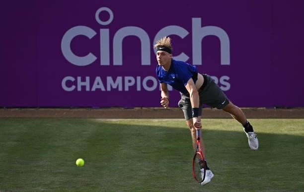 Denis Shapovalov of Canada serves during his First Round match against Aleksandar Vukic of Austria during Day 2 of the cinch Championships at The...