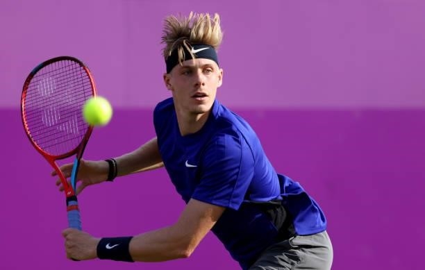 Denis Shapovalov of Canada plays a backhand during his First Round match against Aleksandar Vukic of Austria during Day 2 of the cinch Championships...