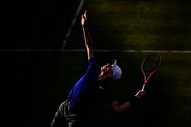 Denis Shapovalov of Canada serves during his First Round match against Aleksandar Vukic of Austria during Day 2 of the cinch Championships at The...