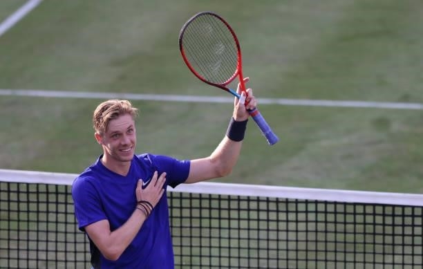 Denis Shapovalov of Canada celebrates winning his First Round match against Aleksandar Vukic of Austria during Day 2 of the cinch Championships at...