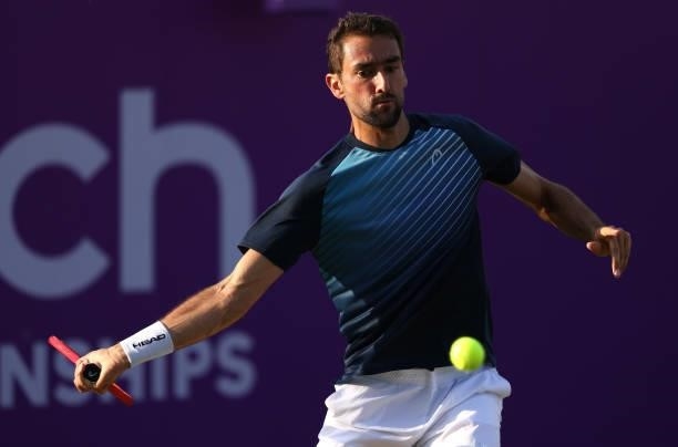 Marin Čilić of Croatia plays a forehand during his First Round match against Sebastian Ofner of Austria during Day 2 of the cinch Championships at...