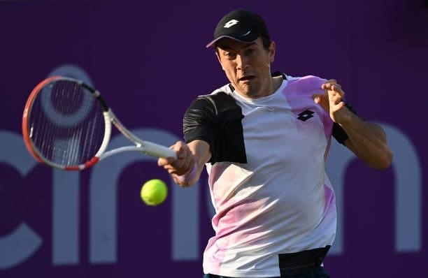 Sebastian Ofner of Austria plays a forehand during his First Round match against Marin Čilić of Croatia during Day 2 of the cinch Championships at...