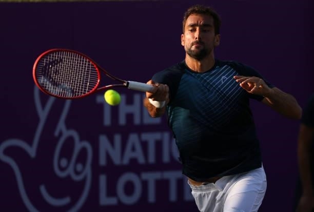 Marin Čilić of Croatia plays a forehand during his First Round match against Sebastian Ofner of Austria during Day 2 of the cinch Championships at...