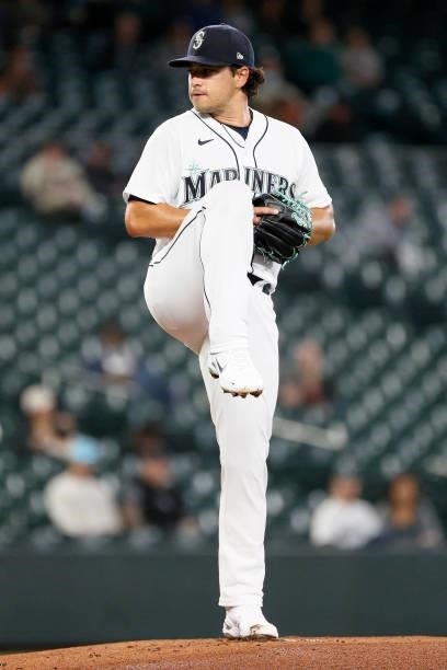 Marco Gonzales of the Seattle Mariners pitches during the first inning against the Minnesota Twins at T-Mobile Park on June 14, 2021 in Seattle,...