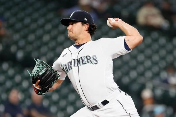Marco Gonzales of the Seattle Mariners pitches during the first inning against the Minnesota Twins at T-Mobile Park on June 14, 2021 in Seattle,...
