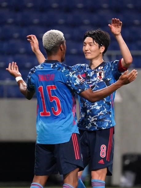 Ado Onaiwu of Japan celebrates scoring his side's first goal during the FIFA World Cup Asian Qualifier 2nd round Group F match between Japan and...