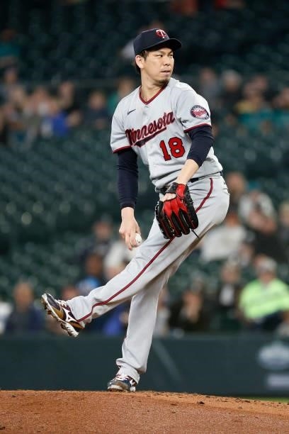 Kenta Maeda of the Minnesota Twins pitches during the first inning against the Seattle Mariners at T-Mobile Park on June 14, 2021 in Seattle,...