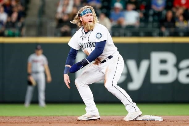 Jake Fraley of the Seattle Mariners attempts to steal second base on a foul ball against the Minnesota Twins during the first inning at T-Mobile Park...