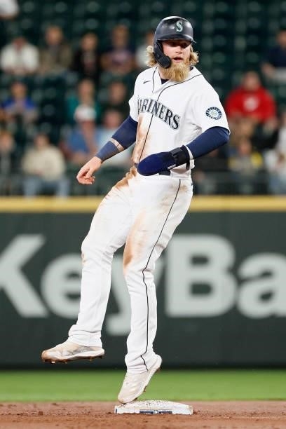 Jake Fraley of the Seattle Mariners stands on second base against the Minnesota Twins during the first inning at T-Mobile Park on June 14, 2021 in...