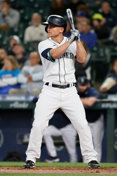 Kyle Seager of the Seattle Mariners at bat against the Minnesota Twins at T-Mobile Park on June 14, 2021 in Seattle, Washington.
