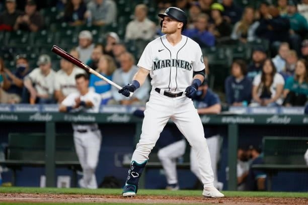 Jake Bauers of the Seattle Mariners at bat against the Minnesota Twins at T-Mobile Park on June 14, 2021 in Seattle, Washington.