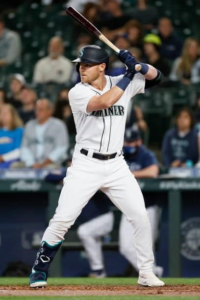 Jake Bauers of the Seattle Mariners at bat against the Minnesota Twins at T-Mobile Park on June 14, 2021 in Seattle, Washington.