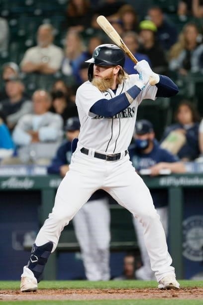 Jake Fraley of the Seattle Mariners at bat against the Minnesota Twins at T-Mobile Park on June 14, 2021 in Seattle, Washington.