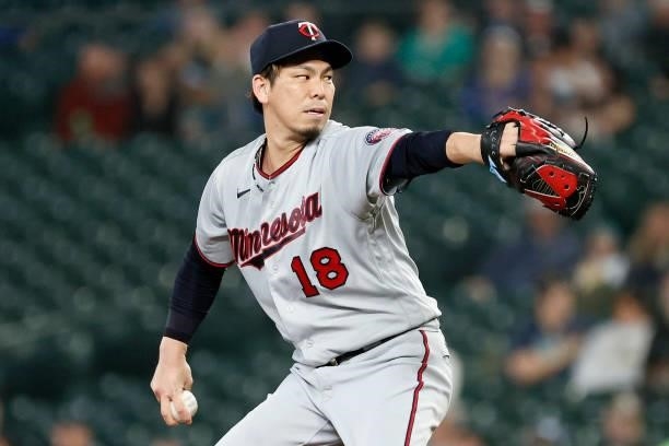 Kenta Maeda of the Minnesota Twins pitches during the first inning against the Seattle Mariners at T-Mobile Park on June 14, 2021 in Seattle,...