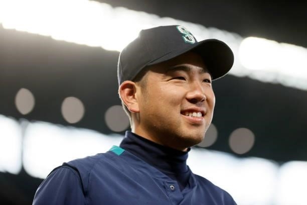 Yusei Kikuchi of the Seattle Mariners looks on before the game against the Minnesota Twins at T-Mobile Park on June 14, 2021 in Seattle, Washington.